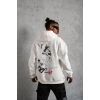 Erkek Şapkalı Güvercin Baskılı Kapşonlu Sweat - Beyaz