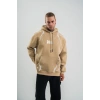 Erkek Şimşek Baskılı Kapşonlu Sweatshirt Üç İplik Pamuklu Kanguru Cepli Double Oversize Hoodie - Bej