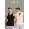 Erkek Spor Fitilli Atlet 2li Set Siyah Ve Bej Slim Fit Kaşkorse Arka Baskılı Spor Atlet