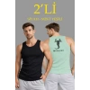Erkek Spor Fitilli Atlet 2li Set Siyah Ve Mint Yeşili Slim Fit Kaşkorse Arka Baskılı Spor Atlet
