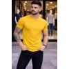 Erkek T-Shirt Bisiklet Yaka Slim Fit Dar Kesim Likralı Tişört Günlük Basic Body - Sarı