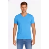 Erkek T-Shirt V Yaka Slim Fit Dar Kesim Likralı Tişört Günlük Basic Body - Açık Mavi