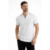 Erkek Triko Kumaş Yakalı Düğmesiz Açık Yaka Fitilli Kısa Kollu Regular Fit Tişört T-shirt - Beyaz