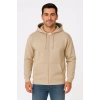 Erkek Üç İplik Kapüşonlu Tam Fermuarlı Kanguru Çepli SweatShirt Hoodie - Bej