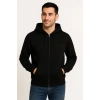 Erkek Üç İplik Kapüşonlu Tam Fermuarlı Kanguru Çepli SweatShirt Hoodie - Siyah