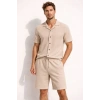 Erkek Waffle Kumaş Kısa Kollu Gömlek Şort Takım Regular Fit Yazlık İkili Set - Bej