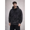 Erkek Yağ Yıkamalı Kapşonlu Double Oversize Üç İplik Pamuklu Sweatshirt - Siyah