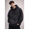 Erkek Yağ Yıkamalı Kapşonlu Double Oversize Üç İplik Pamuklu Sweatshirt - Siyah