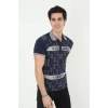 Erkek Yakalı Slim Fit Baskılı T-Shirt - Lacivert