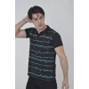 Erkek Yakalı Slim Fit Pike Çizgili T-Shirt - Siyah