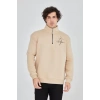 Erkek Yarım Fermuarlı Baskılı Sweat - Bej