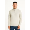 Erkek Yarım Fermuarlı Triko Kazak – Selanik Örgü, Dik Yaka, Pamuklu Dokuma, Regular Fit Uzun Kollu Kışlık Model - Bej