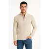 Erkek Yarım Fermuarlı Triko Kazak – Selanik Örgü, Dik Yaka, Pamuklu Dokuma, Regular Fit Uzun Kollu Kışlık Model - Bej