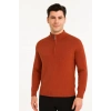 Erkek Yarım Fermuarlı Triko Kazak – Selanik Örgü, Dik Yaka, Pamuklu Dokuma, Regular Fit Uzun Kollu Kışlık Model - Kiremit