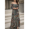 Kadın Düşük Omuzlu Beli Büzgülü Dijital Desenli Kesik Elyaf Süprem Uzun Elbise
