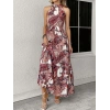 Kadın Halter Yakalı Omuzlardan Açık Kuşaklı Maksi Boy Desenli Süprem Elbise