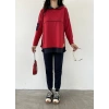 Kadın Kırmızı Kapşonlu Etek Ucu Detay Arma Ters Dikiş Gorunumlu Ikili Takım