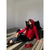 Kadın Kırmızı Kapşonlu Etek Ucu Detay Arma Ters Dikiş Gorunumlu Ikili Takım