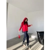 Kadın Kırmızı Kapşonlu Etek Ucu Detay Arma Ters Dikiş Gorunumlu Ikili Takım