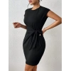 Kadın Kısa Kap Kollu Bisiklet Yaka Belden Bağlamalı Modal Mini Elbise