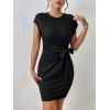 Kadın Kısa Kap Kollu Bisiklet Yaka Belden Bağlamalı Modal Mini Elbise