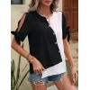 Kadın Kısa Kollu Kollardan Bağlamalı önden Asimetrik Kesim çift Renk Detaylı Düğmeli Ithal Krep Bluz