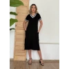 Kadın Kısa Kollu V Yaka Kol Ve Yaka Ribana Detay Midi Boy Viskon Elbise