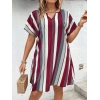 Kadın Kısa Kollu V Yakalı çizgi Baskılı Süprem Elbise