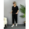 Kadın Kısa Kollu V Yakalı Pul Payetli Viskon Iki Iplik Bluz Ve Pantolon Ikili Takım