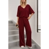Kadın Kısa Kollu V Yakalı Viskon Bluz Ve Pantolon Ikili Takım