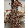 Kadın Kısa Kollu Yakalı Belden Kuşaklı Leopar Desenli Midi Süprem Elbise