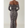 Kadın Madonna Yaka Dalgıç Kumaş Leopar Desen Maxi Boy Derin Yırtmaçlı Elbise