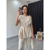 Kadın Omuz Detay Kuşak Dahil Bluz Ve Pantolon Keten Kumaş Ikili Takım