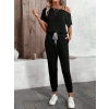 Kadın Tek Omuzdan Açık Viskon Iki Iplik Bluz Bağcıklı Pantolon Ikili Takım