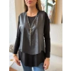 Kadın Uzun Kollu Asimetrik Kesim Viskon Bluz Ve çatlak Deri Görünümlü Yelek Ikili Takım