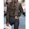 Kadın Uzun Kollu Gipe Detaylı Balıkçı Yaka Leopar Desenli Süprem Bluz
