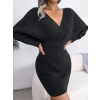 Kadın Uzun Kollu Kruvaze Geniş Yakalı Mini Triko Elbise