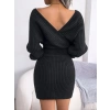Kadın Uzun Kollu Kruvaze Geniş Yakalı Mini Triko Elbise