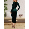 Kadın Uzun Kollu Kruvaze Yaka Belden Büzgü Detay Midi Kadife Elbise