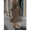 Kadın Uzun Kollu Kruvaze Yaka Belden Oturtmalı Midi Modal Leopar Desenli Elbise