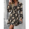Kadın Uzun Kollu Kruvaze Yaka Beli Gipeli çiçek Desenli Kısa Dalgıç Elbise