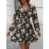 Kadın Uzun Kollu Kruvaze Yaka Beli Gipeli çiçek Desenli Kısa Dalgıç Elbise