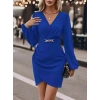 Kadın Uzun Kollu Kruvaze Yaka Yandan Büzgülü Asimetrik Detaylı Ithal Krep Mini Elbise