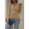 Kadın Uzun Kollu Kruvaze Yaka Yanlardan Büzgülü Viskon Bluz