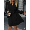 Kadın Uzun Kollu Kruvaze Yakalı Belden Kuşaklı Mini çift Katlı Ithal Krep Elbise