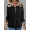 Kadın Uzun Kollu Leopar Yakalı Fermuarlı Waffle Bluz