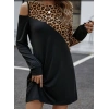 Kadın Uzun Kollu Omuzdan Açık Leopar Desenli Viskon Iki Iplik Mini Elbise