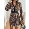 Kadın Uzun Kollu V Dantel Yakalı Leopar Desenli Modal Mini Elbise