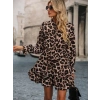 Kadın Uzun Kollu Yakadan Bağcıklı Modal Leopar Desenli Mini Elbise