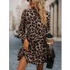 Kadın Uzun Kollu Yakadan Bağcıklı Modal Leopar Desenli Mini Elbise